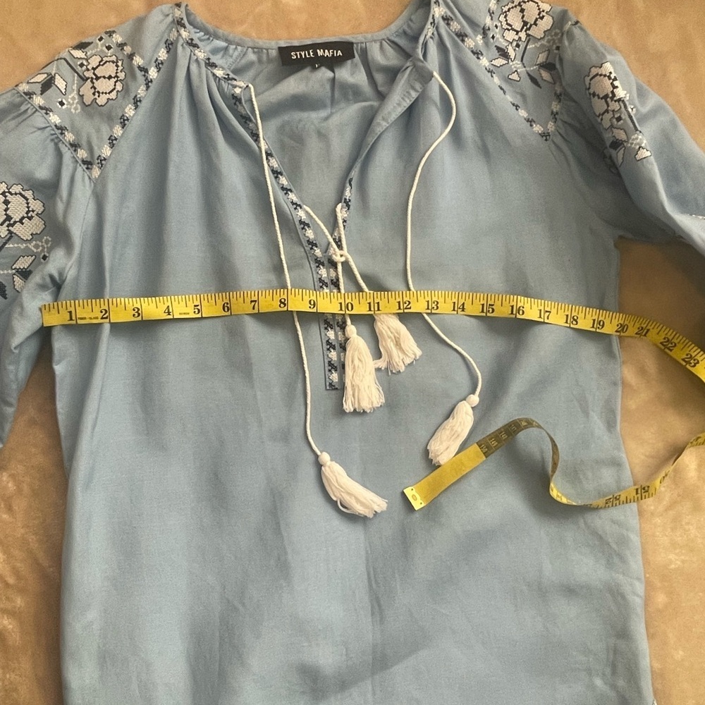 Style Mafia Sky Blue Embroidered Mini Dress Women’s Size M Boho Puff Sleeve Tass - Picture 14 of 15